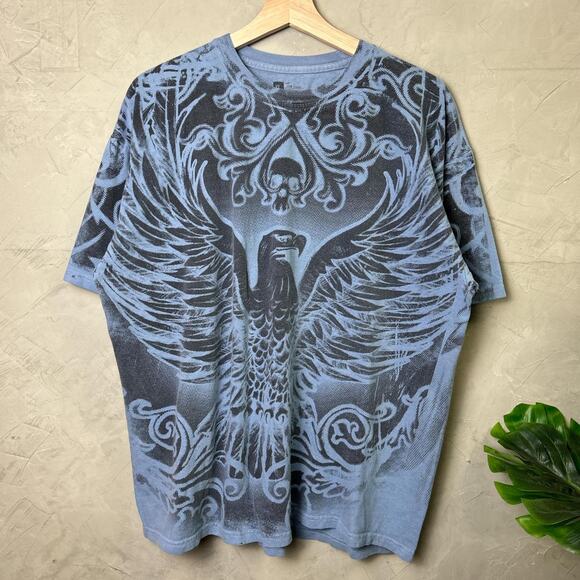 Y2K Flying Eagle Skull AOP Affliction Style XL Shirt - Picture 1 of 4